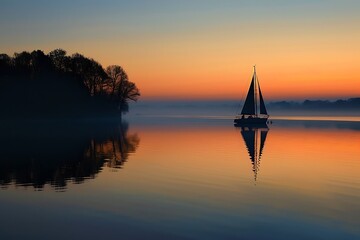 Wall Mural - A dawn scene with the silhouette of a sailboat on a calm lake
