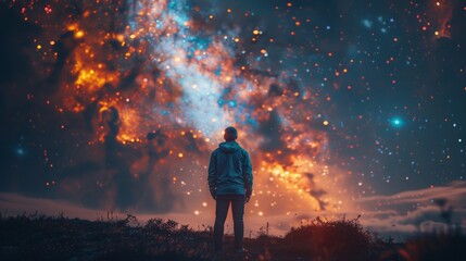a lone person stands in awe as they gaze up at a stunning night sky, illuminated by countless stars 
