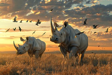 Wall Mural - Two white Rhinoceros in the field with birds flying