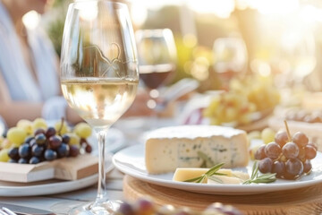 Wall Mural - Happy friends dining and drinking wine on balcony rooftop party - Young people enjoying lunch break at restaurant terrace with various types of cheese and black grapes on the table