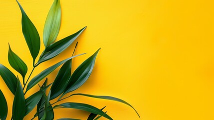 Sticker - Striking green leaves provide a natural abstract contrast to the vivid yellow background, perfect for creating a botanical wallpaper