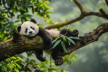 Wall Mural - Panda Bear Sleeping on a Tree Branch, China Wildlife. Bifengxia nature reserve, Sichuan Province. Cute Lazy Baby Panda Sleeping in the Forest, Enjoying an afternoon nap with paws Hanging Down.