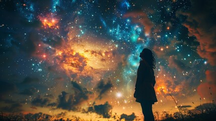 Wall Mural - a silhouette of a woman standing in a field, gazing up at the vast and colorful night sky, filled wi