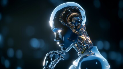 The robot thinks or analyzes. AI Assistant is deliberating on the best course of action. Background with copy space