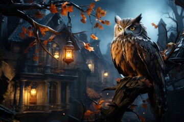 Wall Mural - Owl inn at dusk, penetrating yellow eyes, surrounded by dense forest., generative IA