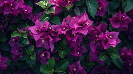 Wall Mural - close up of vibrant purple bougainvillea flowers and green leaves for design inspiration