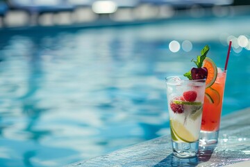 Two refreshing summer beverages placed against a pool backdrop offering an abstract representation of leisure and relaxation, ideal as a wallpaper