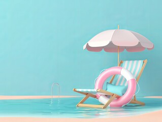 Canvas Print - A refreshing and inviting poolside scene features a striped chair and pink lifebuoy under an umbrella for an ideal abstract relaxation wallpaper