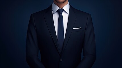 A man in a dark blue suit and tie stands against a dark blue background. The man is looking at the camera with a serious expression.