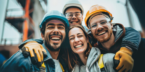 Cheerful construction crew posing for a photo on a construction site