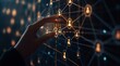 © panumas - An abstract digital representation of a social network, with a hand touching interconnected nodes symbolizing user profiles. The dark background contrasts with bright, glowing nodes,