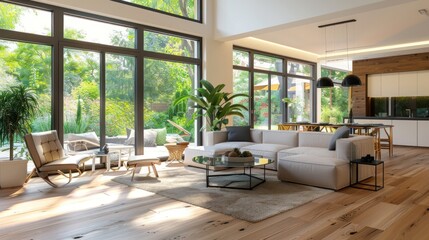 Wall Mural - A large living room with a wooden floor and a table with chairs