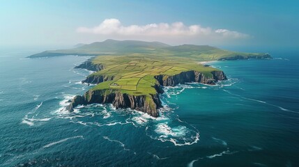 Aerial View of a Lush Green Island with Rugged Coastline