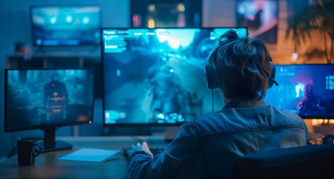 A person wearing a headset is sitting at a desk and playing a video game on a multi-monitor setup, including a large main screen and two smaller screens. creating an immersive gaming atmosphere.