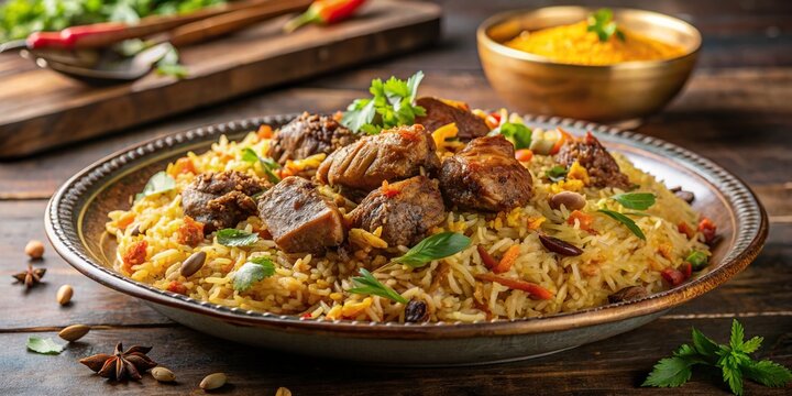 Plate of Biryani rice with lamb meat served for dinner with copy space, Biryani, lamb, meat, rice, Indian, cuisine, dinner