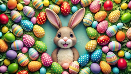 Wall Mural - Whimsical Easter bunny surrounded by vibrantly colored eggs, perfect for spring celebrations and festive designs, Easter