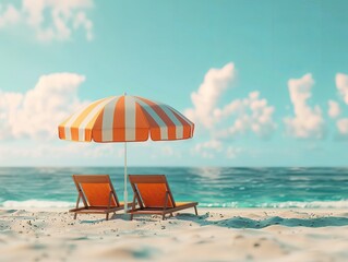 Poster - A tranquil beach scene with a striped umbrella and chairs against the ocean creates a serene abstract background and wallpaper