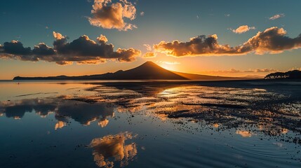 Canvas Print - The image displays a serene sunset with the silhouette of a mountain creating a stunning abstract background, perfect for a wallpaper