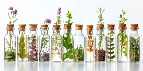 Wall Mural - A row of glass bottles filled with various plants and flowers. The bottles are arranged in a line, with some taller than others. The plants inside the bottles are of different sizes and colors