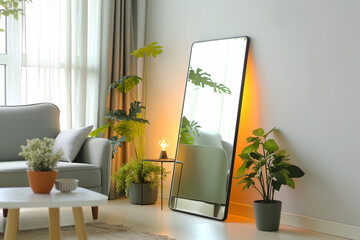 Wall Mural - living room with flowers, A stylish room interior featuring a leaning floor mirror.