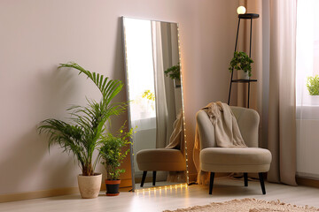 Wall Mural - living room interior, A stylish room interior featuring a leaning floor mirror.