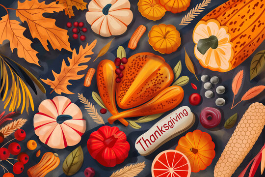 Happy Thanksgiving illustration with baked turkey, fall leaves, pumpkins on dark background top view