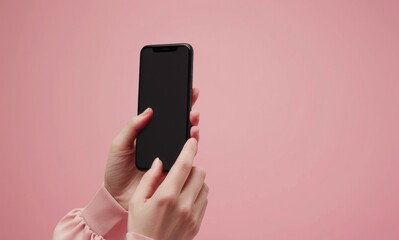 Young adult woman hand holding smartphone and touching black screen with finger on light pink table background. Pastel color. Empty place for text.