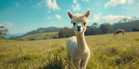 A baby llama is standing in a field of grass. The sky is blue and the grass is green