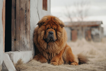 Wall Mural - Fluffy Chow Chow dog resting by a rustic barn, furry and adorable pet outdoors with cute eyes