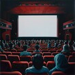 © didar - People are watching movie in the cinema or theater hall. Vector illustration of visiting cinema or theater to watch movie on the big screen. Screen blank with cory