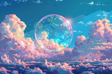 Wall Mural - A colorful, abstract painting of a large bubble floating in the sky. The sky is filled with clouds of various sizes and colors, creating a dreamy and whimsical atmosphere