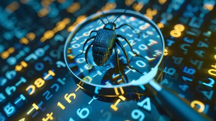 A bug silhouette created from 0 and 1 symbols of binary code, alongside a magnifying glass. This concept symbolizes detecting software bugs, searching for errors or faults in computer programs