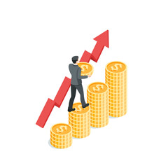 Wall Mural - isometric vector business man with a coin climbing up a chart of coins and an arrow going up, in color on a white background, financial growth or success