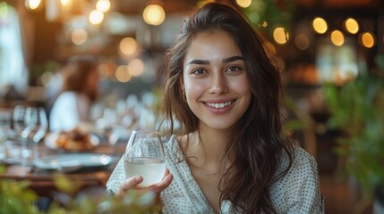 Wall Mural - Smiling Woman with a Glass of Water in a Restaurant