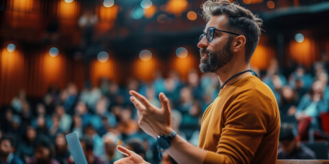 Software Developer Using Laptop Computer and Delivering a Motivational Speech on Stage