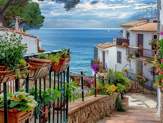 Poster - A picturesque view of a coastal villa balcony with blooming flowers, ideal for a tranquil and scenic abstract background or wallpaper