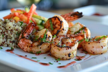 Wall Mural - A beautifully arranged plate of grilled shrimp with a side of quinoa and vegetables