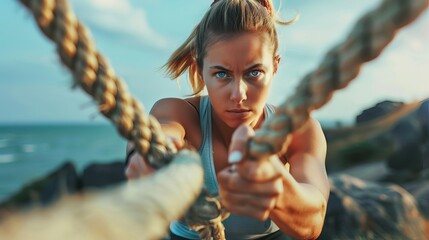 Close-up of a determined woman climbing a rope, an abstract representation of challenge and strength against a natural seaside background, as an inspiring wallpaper