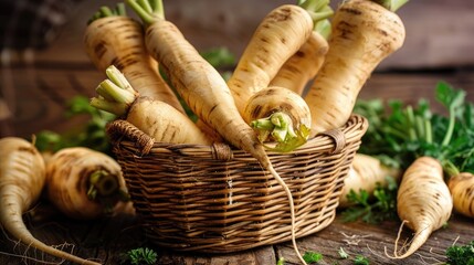 Wall Mural - Close up of fresh parsnips in wicker basket on wooden table