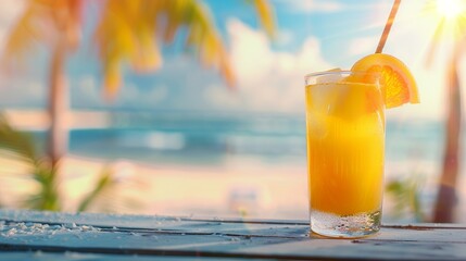 Summer drinks: Exotic summer drink served near the beach, with a blurred beach background. 