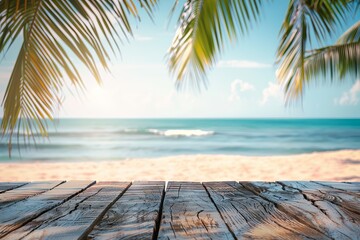 Wall Mural - Looking from a wooden table perspective towards a sunny beach abstract background, doubling as tranquil wallpaper