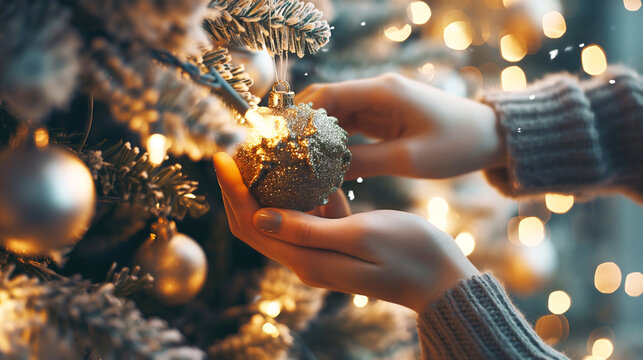 Close-up of a woman's hands placing Christmas tree decorations on a beautiful Christmas tree illuminated with bright lights and decorated with Christmas tree decorations. Christmas and New Year concep
