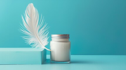 Sticker - Minimalist concept for natural beauty product promotion with glass jar feather on blue background