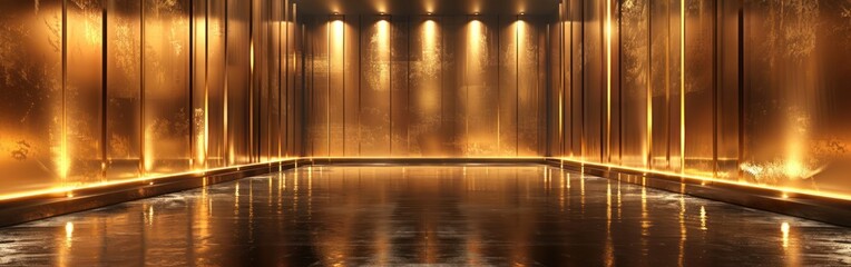 Golden Metallic Panels Texture for Product Presentation with Abstract 3D Room Decor and Spotlights