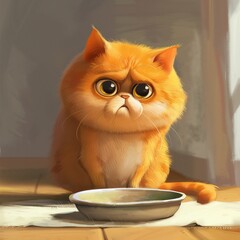 Wall Mural - Cartoon of a chubby cat with an empty food dish.