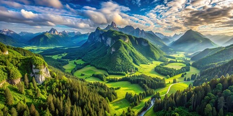 Wall Mural - Aerial view of a majestic mountain landscape with lush greenery below, scenic, view, mountainous, landscape, aerial, helicopter