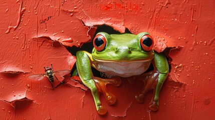 Green Tree Frog Catching a Fly on Red Torn Paper Background