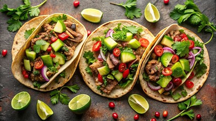 Mexican street tacos flat lay with succulent pork carnitas, avocado, cilantro