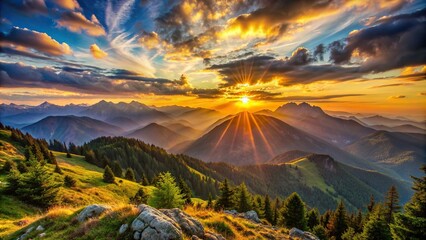 Wall Mural - Sunset in the mountains captured on vesicular film, showcasing stunning landscape photography, sunset, mountains