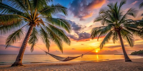 Wall Mural - Serene tropical beach with hammock between palm trees at sunset, beach, hammock, palm trees, sunset, tropical, serene